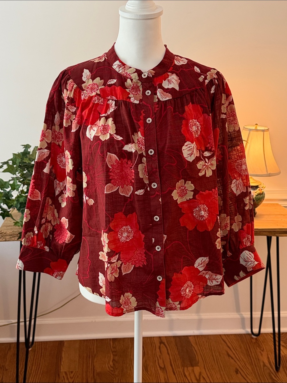 EUC Porridge by Anthropologie Women's Floral Button-Front Blouse - Red Sz M